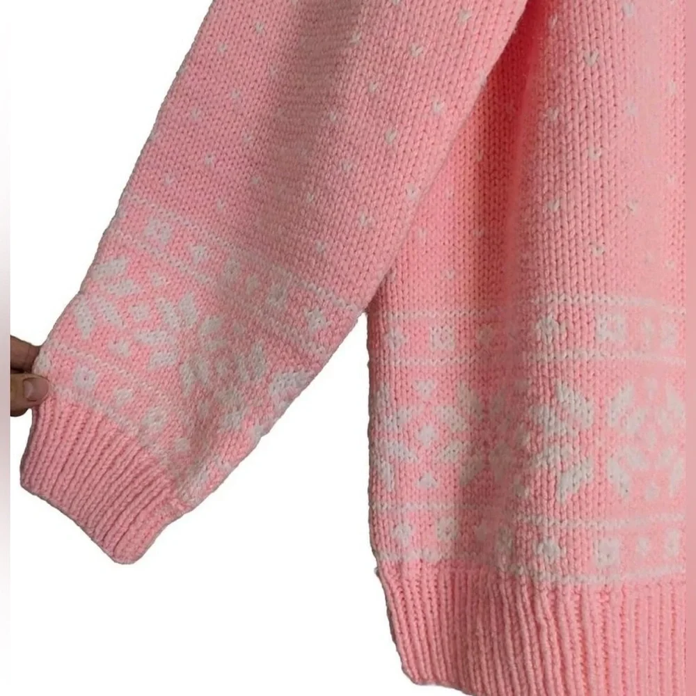 Vintage Handknit Barbie Pink White Fairisle Fall Winter Oversized Cozy Sweater - Picture 3 of 9